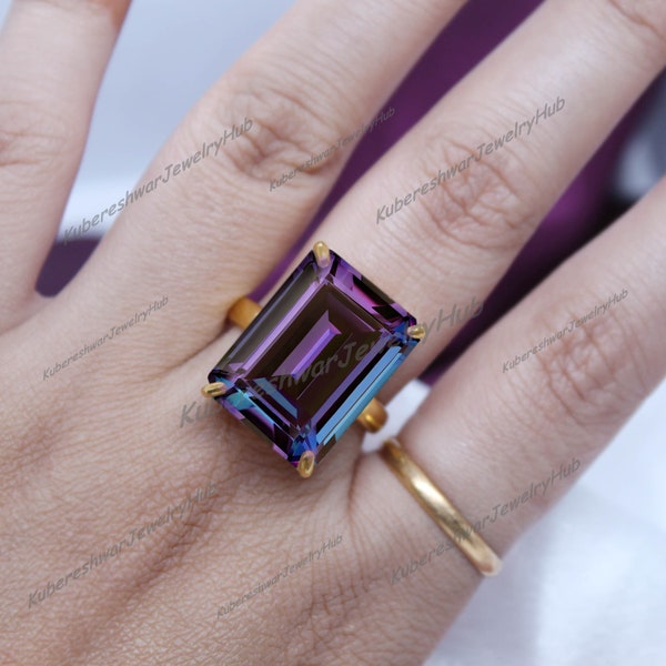 Alexandrite Rectangle 15x20mm Ring, Large Alexandrite Engagement Ring, Women Bold Color Change Alexandrite Ring, Solid 925 Silver, Gift her