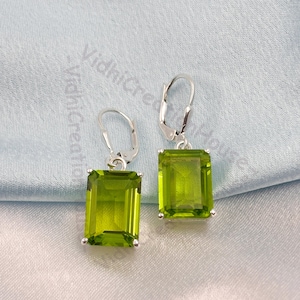 Gold Vermeil Peridot Lever Back Earrings: Emerald Cut Sterling Silver