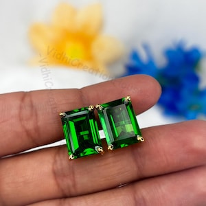 Tsavorite Garnet Stud Earrings: 925 Sterling Silver, May Birthstone Emerald Cut 10x14mm Handmade Gemstone Jewellery Gift For her