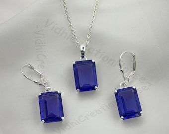 Emerald Cut Tanzanite Necklace & Earrings Set: 925 Sterling Silver December Jewelry