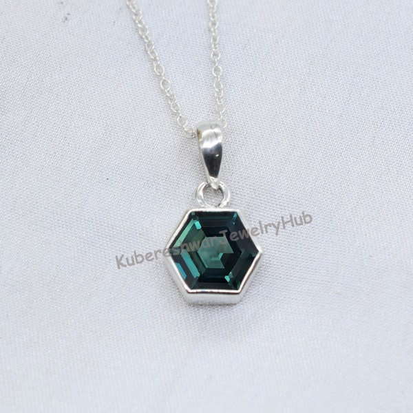 Hexagon Teal Sapphire Pendant, Dainty Sapphire Pendant, September Birthstone Gift, Engagement Gift, Sapphire Pendant, 925 Sterling Silver