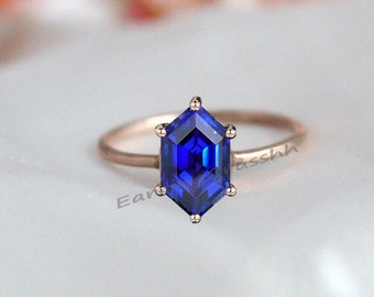 Engagement Ring, Sapphire Ring, Blue Sapphire Ring, September Birthstone Ring, 925 Sterling Silver, Long Hexagon Ring, Delicate Jewelry Her