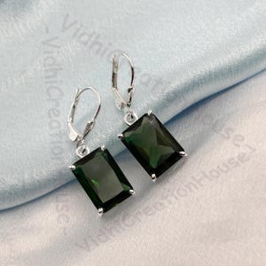 Sterling Silver Green Tourmaline Lever Back Earrings: Emerald Cut