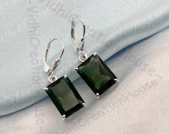 Sterling Silver Green Tourmaline Lever Back Earrings: Emerald Cut
