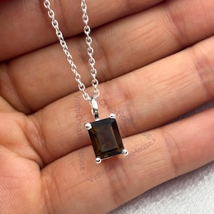 Dainty Emerald Cut Smoky Quartz Necklace: 925 Sterling Silver Pendant