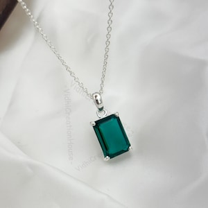 Teal Sapphire Pendant: Emerald Cut 10x14m Sterling Silver September Birthstone, Handmade Jewelry