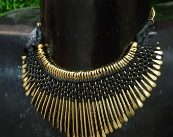 Handmade Brass Fringe Choker Necklace: Adjustable Ethnic Collar