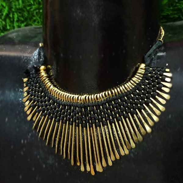 Minimliast Choker Necklace, Ethnic Necklace , Brass Necklace, Collar Necklace, handmade choker, Adjustable Choker, Fringe necklace