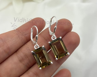 Emerald Cut Smoky Quartz Lever Back Earrings: 925 Sterling Silver