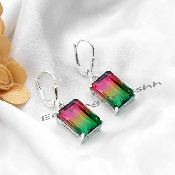 Watermelon Tourmaline Lever Back Earrings, Tourmaline Dangle Earrings, Tourmaline Lever Back, Delicate Jewelry, 925 Sterling Silver Gift Her