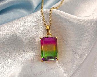 Emerald Cut Watermelon Tourmaline Pendant: 925 Sterling Silver, October Birthstone