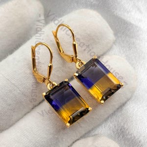 18k Gold Vermeil Ametrine Leverback Earrings: Emerald Cut Sterling Silver
