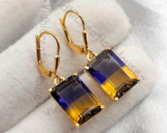 18k Gold Vermeil Ametrine Leverback Earrings: Emerald Cut Sterling Silver