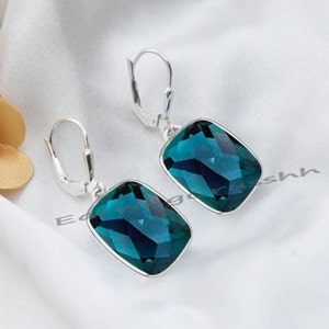 London Blue Topaz Lever Back, Checker Cut Blue Topaz Earrings, Mom Handmade Jewelry, 925 Sterling Silver, Mother's Gift, Lever back Earrings