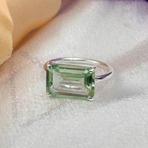 Women Green Amethyst Ring, Engagement Ring, Amethyst Ring, Cocktail Prasiolite Ring, 925 Sterling Silver, Emerald Cut 10x14m, Gift for her