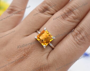 Princess Citrine Ring, Natural Yellow Citrine Ring, Handmade Jewelry, November Birthstone, Engagement Gift, Delicate Women Ring, 925 Silver
