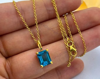 Emerald Cut London Blue Topaz Necklace: 925 Sterling Silver, 18K Gold Vermeil