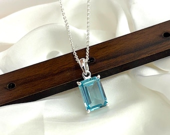 Emerald Cut Aquamarine Pendant: Sterling Silver March Birthstone