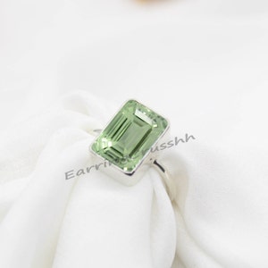 Prasiolite Sterling Silver Ring: Green Amethyst Baguette Cocktail Ring