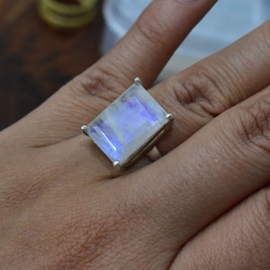 Natural Rainbow Moonstone Ring: Octogen 12x16m Sterling Silver Handmade Jewelry