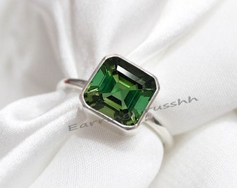 Green Tourmaline Ring, Assher Cut Tourmaline Ring, October Birthstone Gift, Engagement Ring, Tourmaline Ring, 925 Sterling Silver, Gift Her