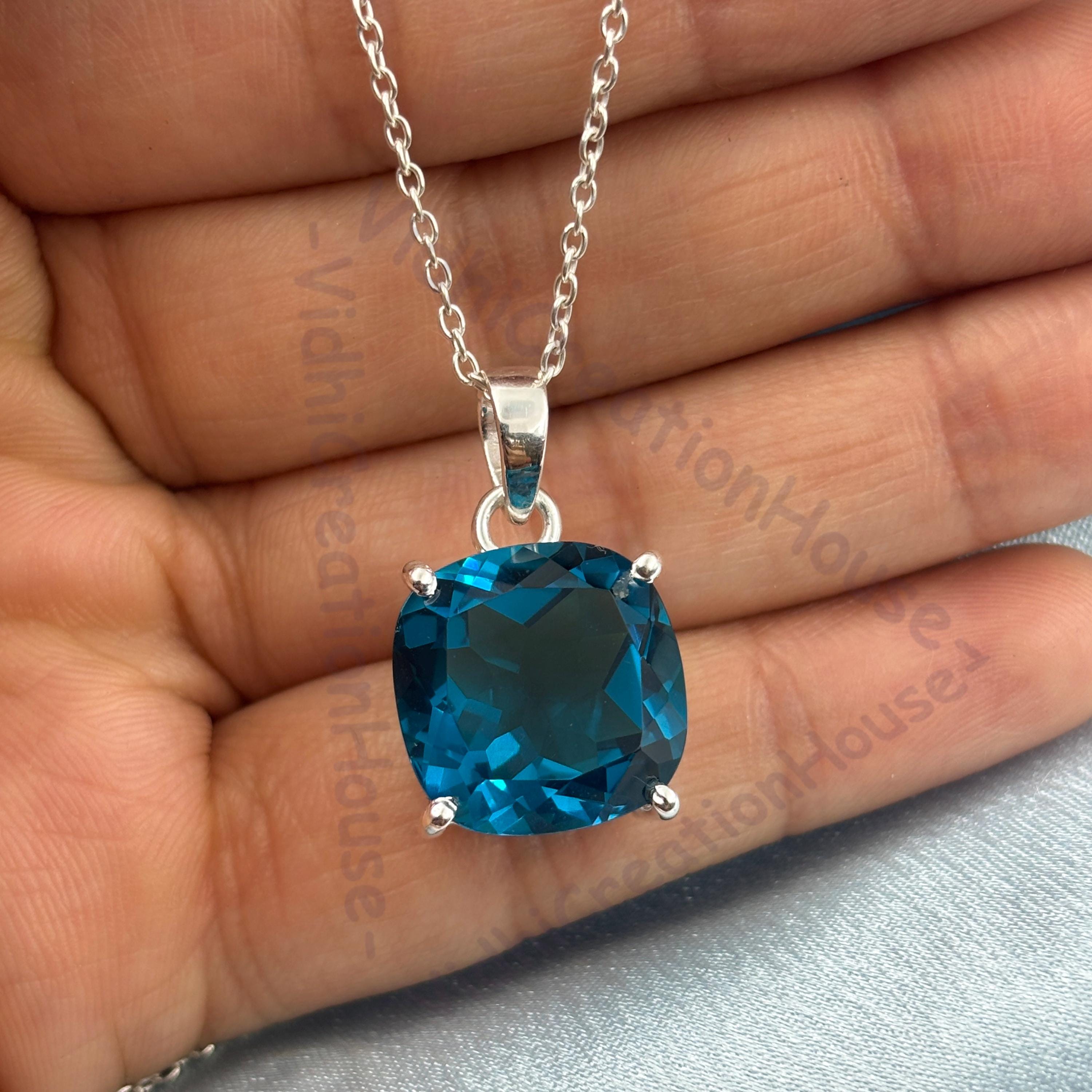 London Blue Topaz Sterling Silver Pendant: Handmade Cushion Cut Jewelry