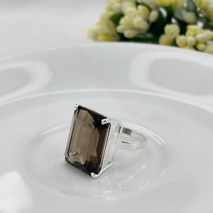 Bague quartz fumé taille émeraude : bague cocktail en argent sterling 925