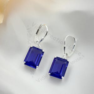 Women Tanzanite Earrings, Emerald Cut 10x14m Tanzanite Lever back, Gemstone Dangle Earrings, December Birthstone, Solid 925 Silver Gift Her