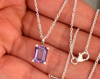 Dainty Alexandrite Sterling Silver Necklace: Emerald Cut June Birthstone
