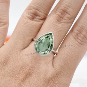 Prasiolite Ring, Dainty Ring, Green Amethyst Ring, Tear Drop Gemstone Ring, Solitaire Ring, 925 Sterling Silver, Everyday Ring, Gift For her