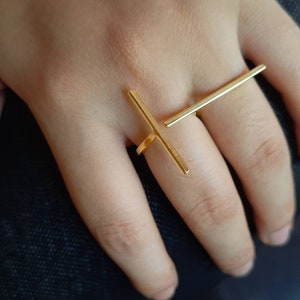 statement adjustable handmade brass ring women jewelry gift hot sell boho double bar minimalist brass ring gold line modern geometric ring