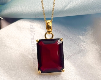 Gold Vermeil Garnet Pendant Necklace: Emerald Cut, 925 Sterling Silver