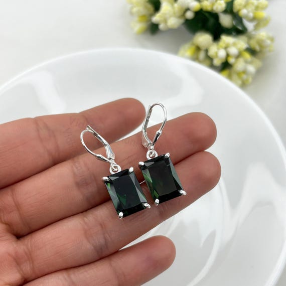 Sterling Silver Green Tourmaline Lever Back Earrings: Emerald Cut