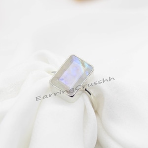 Rainbow Moonstone Ring: Blue Fire Gemstone, 925 Sterling Silver