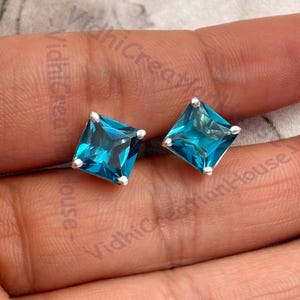 London Blue Topaz Stud Earrings: 925 Sterling Silver, Square 8mm