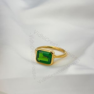 Emerald Cut Tsavorite Garnet Ring: Sterling Silver May Birthstone