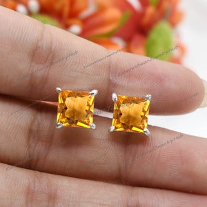 Citrine Stud Earrings: Princess Cut 9mm, 925 Sterling Silver, November Birthstone