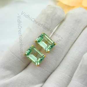 Emerald Cut Prasiolite Stud Earrings: Green Amethyst, Gold Vermeil Sterling Silver