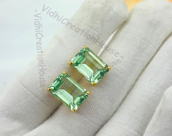 Emerald Cut Prasiolite Stud Earrings: Green Amethyst, Gold Vermeil Sterling Silver