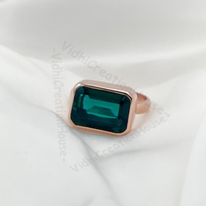 Emerald Cut Teal Sapphire Engagement Ring: Sterling Silver September Birthstone