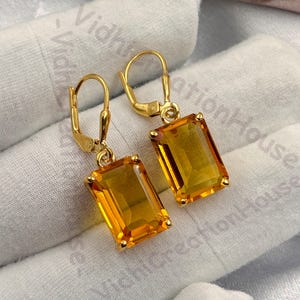 Delicate Citrine Earrings, 18k Gold Emerald Cut 10x14m Lever Back, Citrine Dangle Earrings, November Birthstone Gift, 925 Sterling Silver