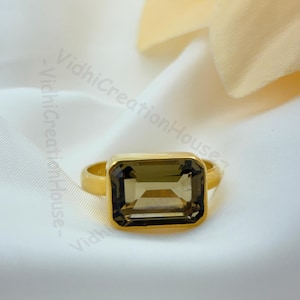 18K Gold Vermeil Smoky Quartz Ring: Emerald Cut Sterling Silver