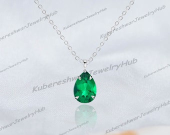 Handmade Emerald Pendant, Emerald Teardrop Necklace, Dainty Emerald Pendant, May Birthstone, Engagement Gift, 925 Sterling Silver, Gift Her