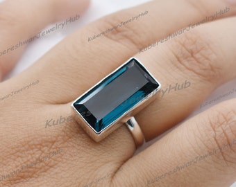 Cocktail London Blue Topaz Ring, Rectangle shape Blue Topaz Gemstone Ring, 925 Solid Silver, Wedding Anniversary Gift Ring, Women Jewelry