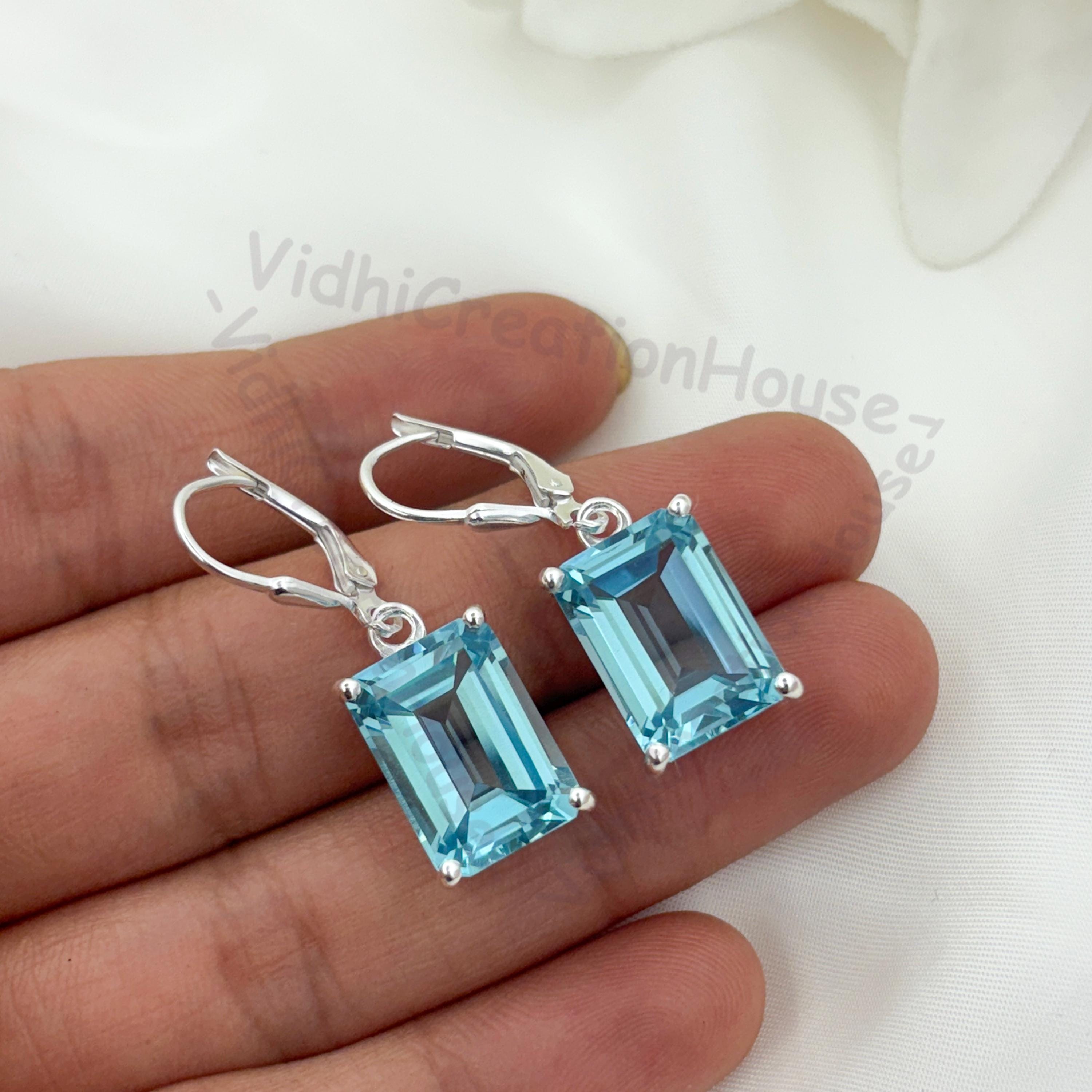 Emerald Cut Aquamarine Dangle Earrings: Sterling Silver Lever Back