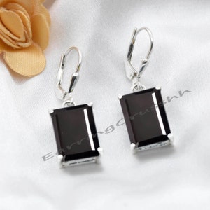Brincos de ônix preto, ônix alavanca traseira, corte esmeralda 10 x 14 m Brincos pendurados femininos, joias com pedras preciosas, delicada pedra de nascimento de dezembro, prata 925