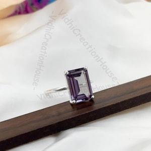 Emerald Cut Alexandrite Sterling Silver Ring - Vintage Style
