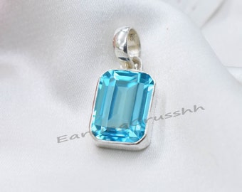 Emerald Cut Blue Topaz Pendant: 925 Sterling Silver December Birthstone