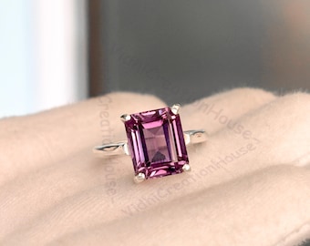 Alexandrite Engagement Ring, Vintage 925 Silver Ring, 9x11mm Emerald Cut Alexandrite Ring, Wedding Anniversary Ring, June Birthstone Gift