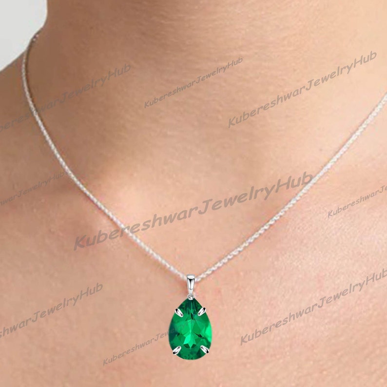 Handmade Emerald Pendant, Emerald Teardrop Necklace, Dainty Emerald Pendant, May Birthstone, Engagement Gift, 925 Sterling Silver, Gift Her image 2
